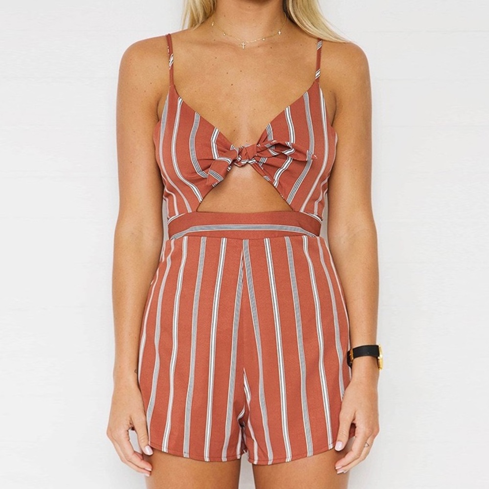 ♦️🆕Sweet Bow Tie Striped Romper Brick - Picture 3 of 5